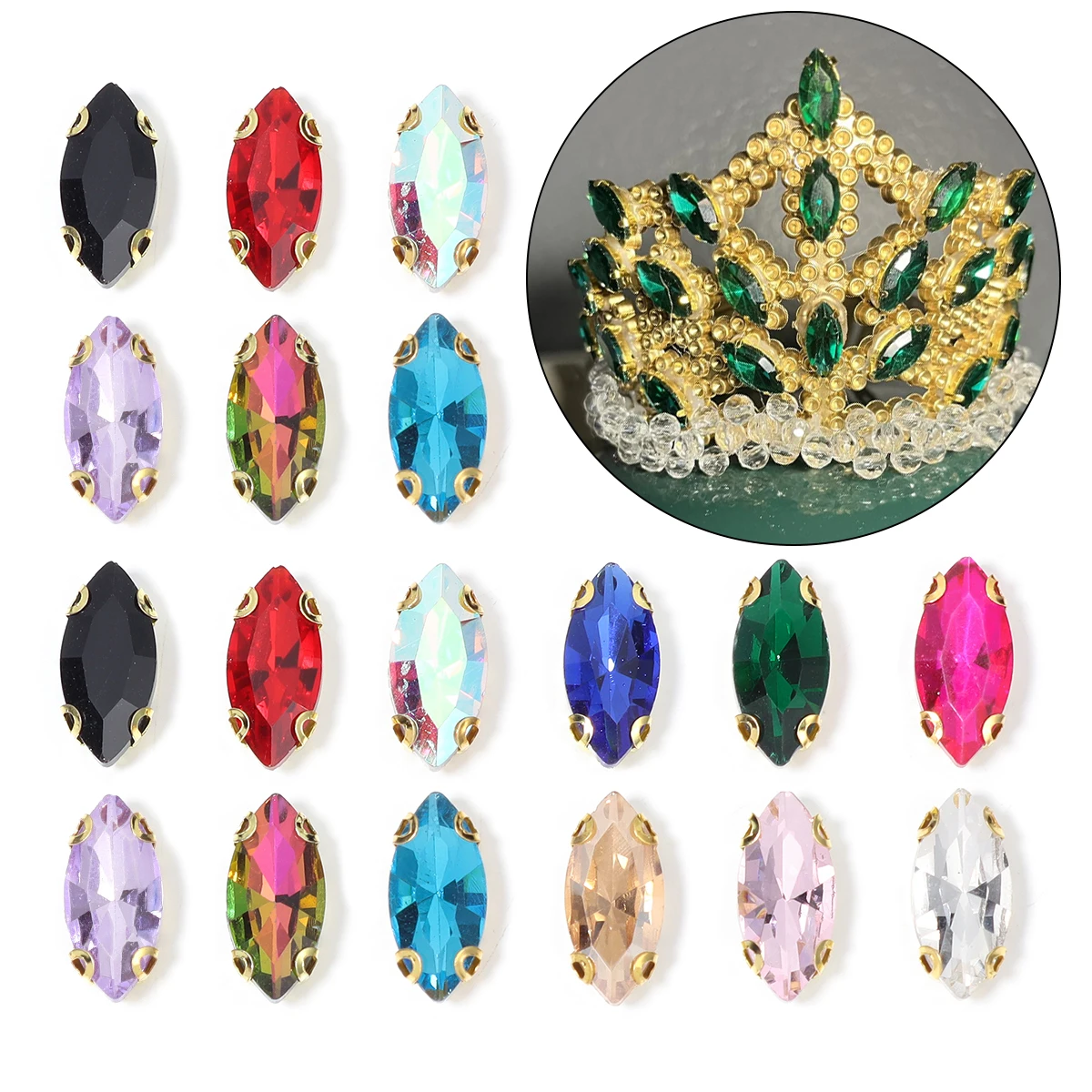 30pcs/pack Colored Sew-On Claw Rhinestones Horse Eye Shape Crystal Beads Buttons for DIY Crafts Garment Sewing Gems Accessories