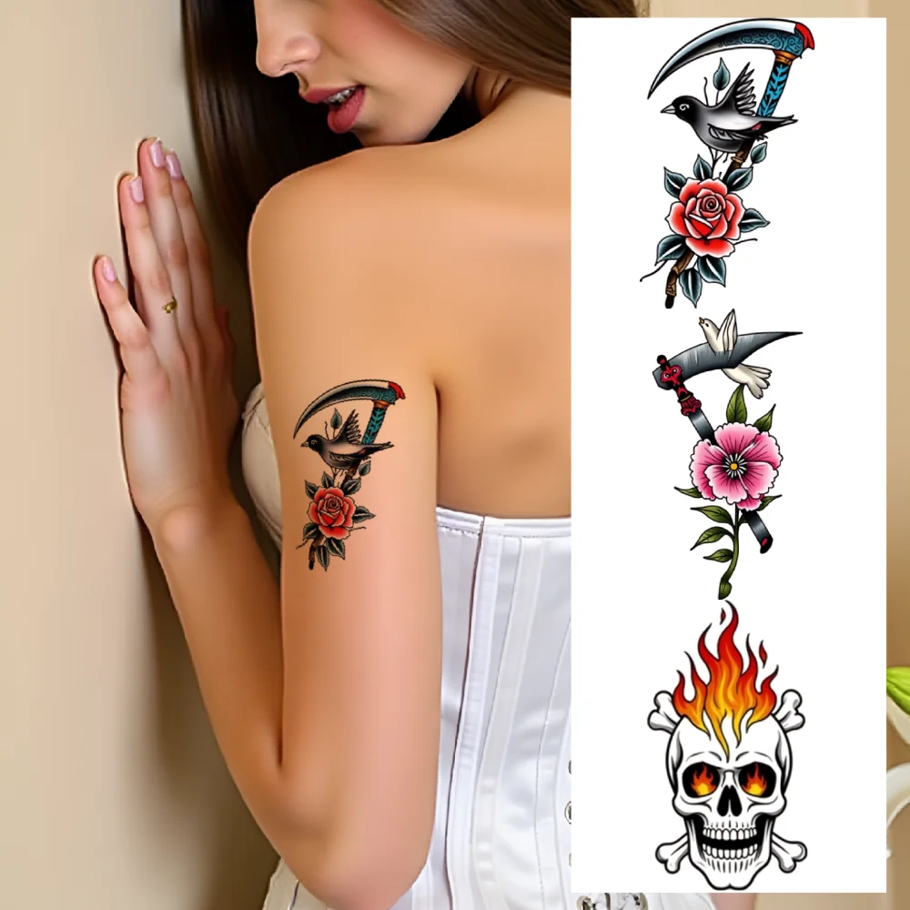 

28pcs Temporary Tattoo Waterproof Long-lasting Body Stickers Sunflower And Windmill Burning Skull Sword With Rose For Chest