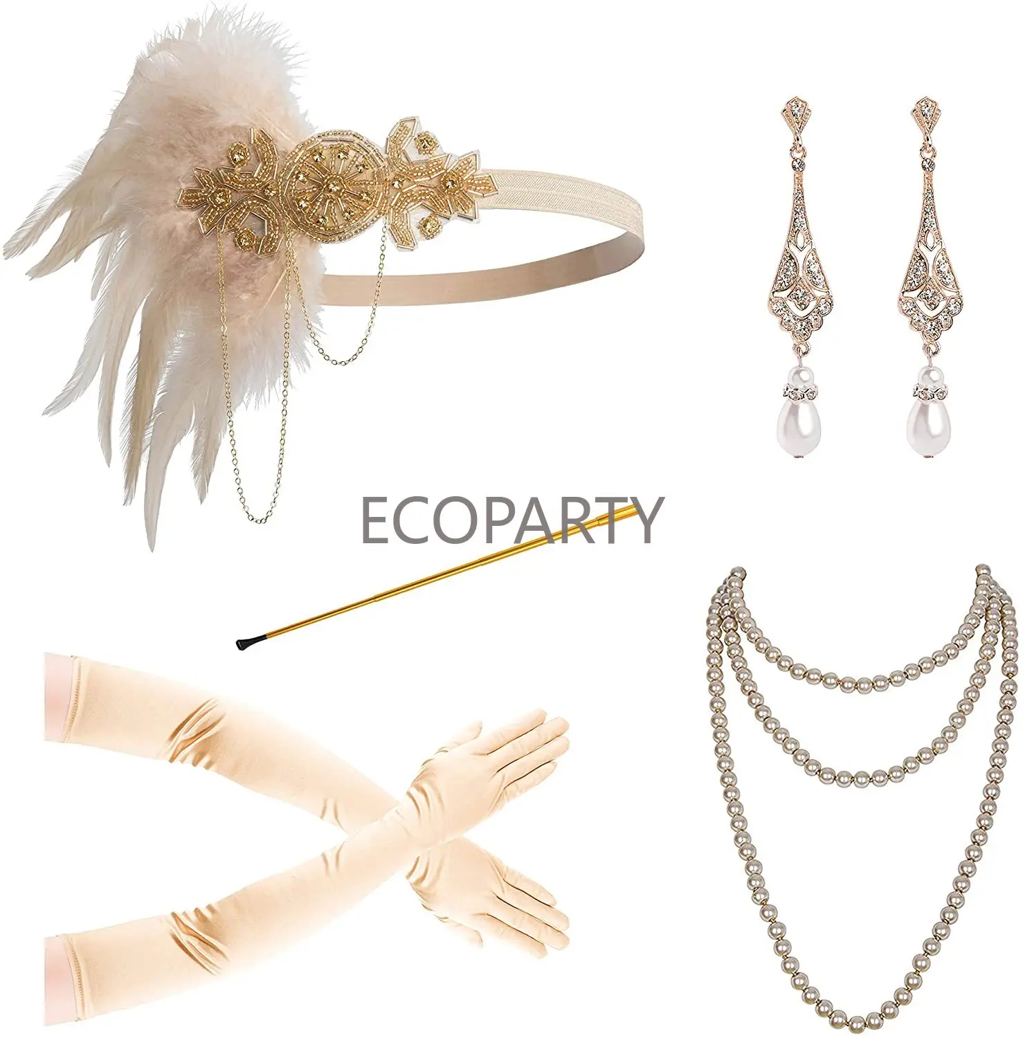 1920s Flapper Accessories Gatsby Costume Accessories Set for Women 20s Headpiece Pearl Necklace Gloves Holder  hair pins 15