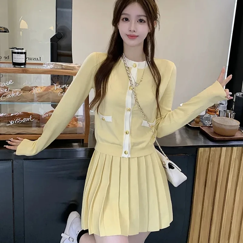 Women Spring Autumn Sweet Knit Matching Sets Japan Korean Preppy Style Thin Sweater Cardigan Mini Skirts Outfits Coat Skirt Suit