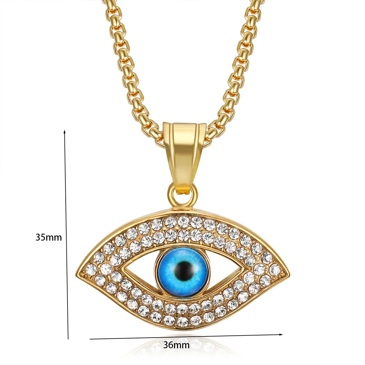18K Gold Plated Men's Blue Eye Pendant Necklace Zircon Stainless Steel Hip Hop Jewelry for Parties Gift
