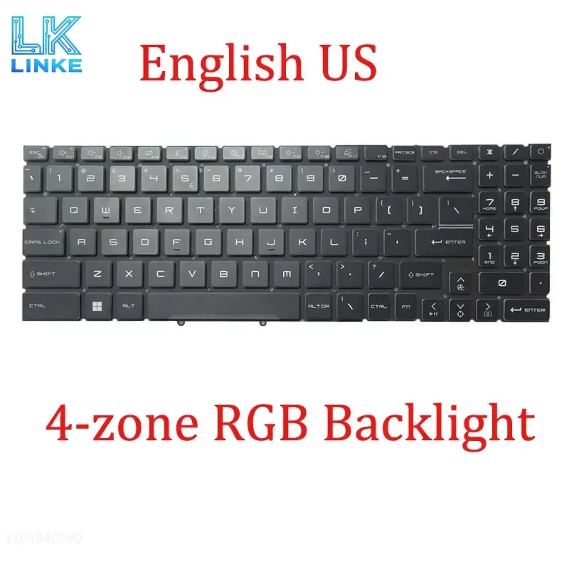 Laptop 4-zone RGB Backlight Keyboard For MSI Bravo 15 C7VEK C7VFK C7VFKP English US Black Without Frame New