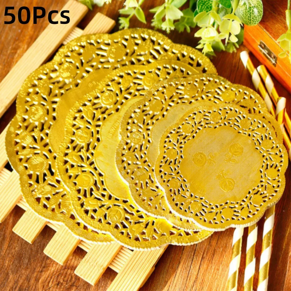 50Pcs Hollowed Lace Paper Mat for Kitchen Baking Cake Food Oil Absorption Gold Coasters Wedding Decorations Party Supplies