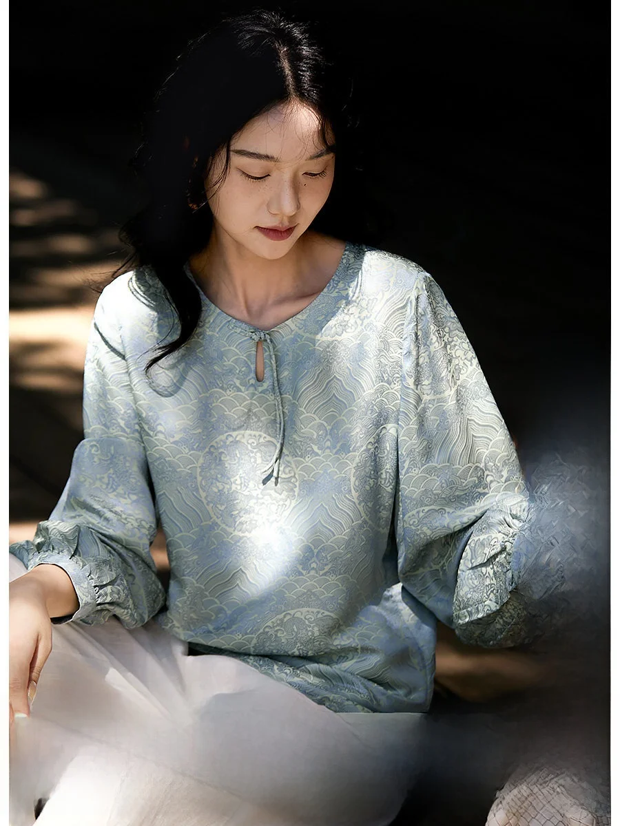 

Шелковая блузка с длинным рукавом для женщин: премиум-класс, модный офисный стиль, прямой крой, с бахромой и вышивкой шелковыми нитями