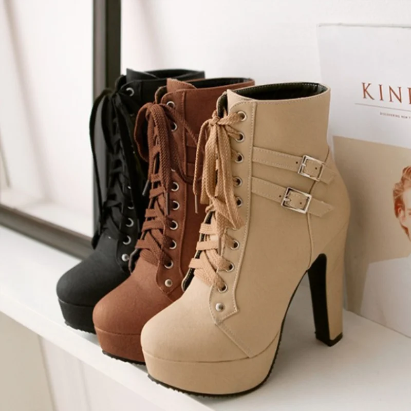 Fashion Brown Women’s Ankle Boots Platform High Heels Motorcycle Boot Sexy Buckle Lace-up Ladies Party Shoes Large Size 45 48