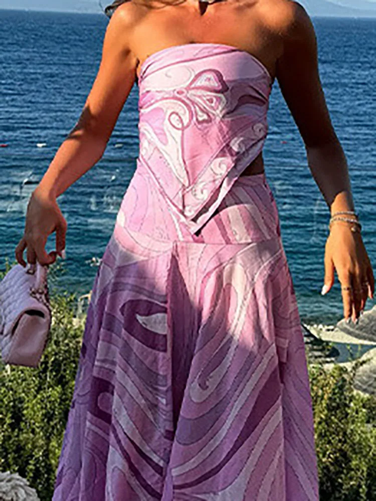 

Sexy Printed Strapless Top Skirts Suit Women Fashion Irregular Lace Up Pleated 2pc Sets Lady Summer Chic Holiday Party Outfits