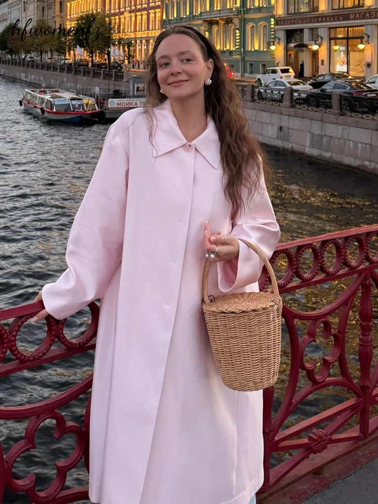 Loose Women's Long Pink Windbreaker Full Sleeve Lapel Single Breasted Coat Female 2026 Autumn Lady Office Daily New Outwears