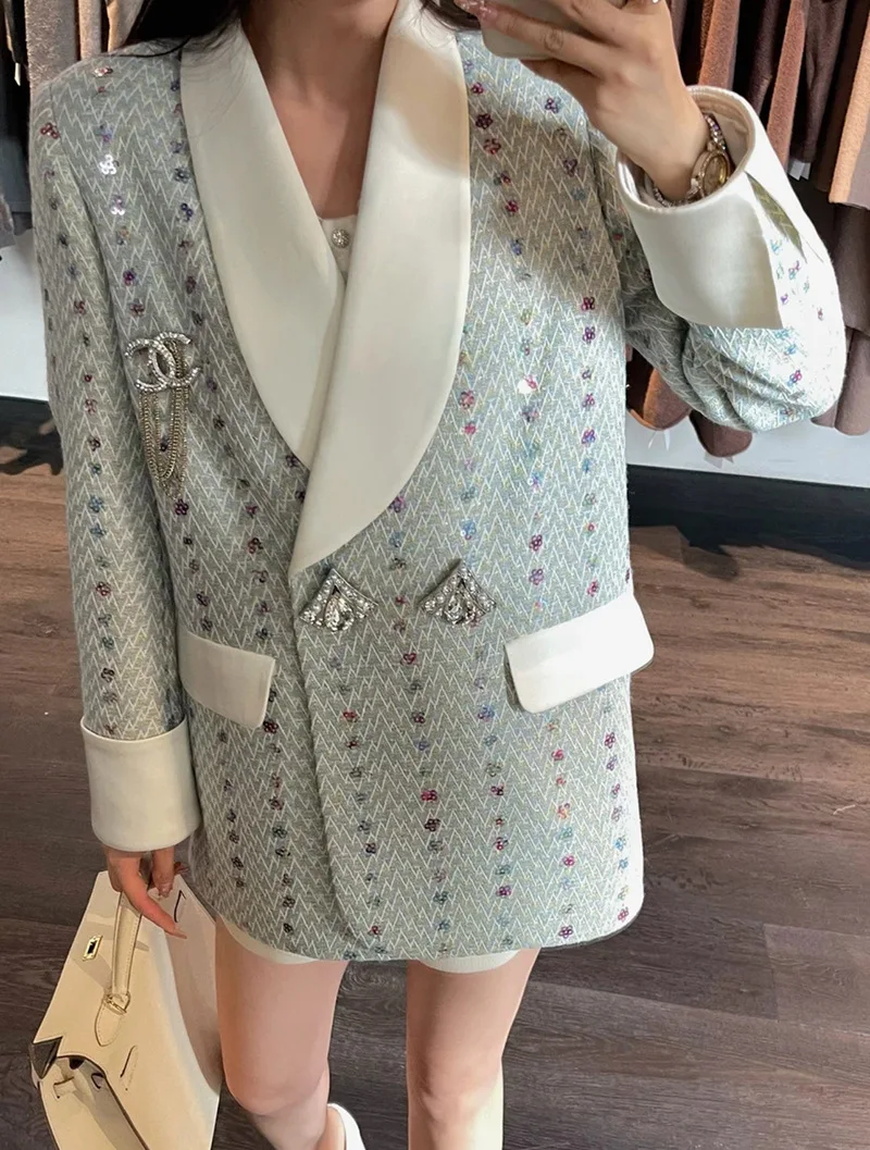 

Women's Autumn and Winter New Fashion Sequin Decorative Loose Western Suit Coat Luxury and Elegant Small Fragrant Style Jacket