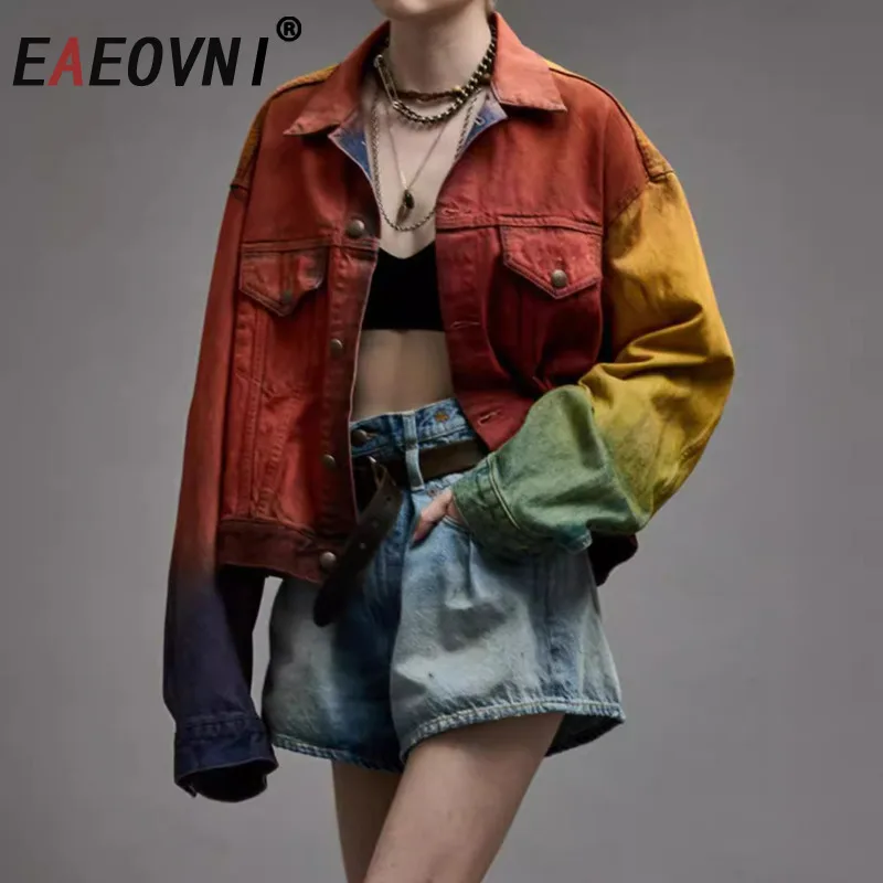 

EAEOVNI уличная джинсовая короткая куртка женская контрастного цвета с карманами и пуговицами модное пальто винтажная осень 2023 г. новая одежда
