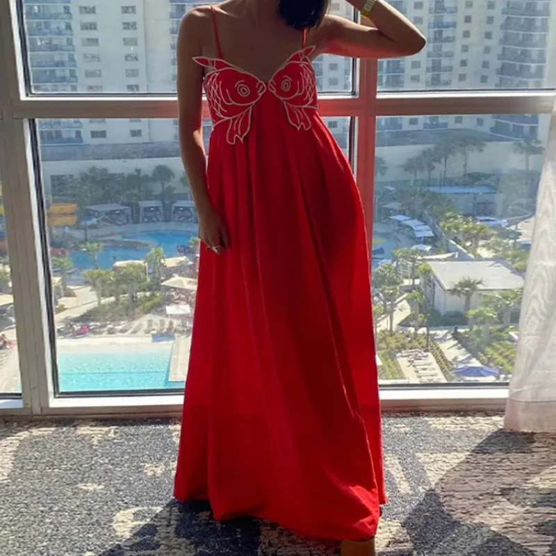 สตรี Y2K ปลา Koi Cami ชุด 3D ปลาแขนกุดเอวสูงชุดเดรสยาวอินเทรนด์ออกไป Sundress Streetwear