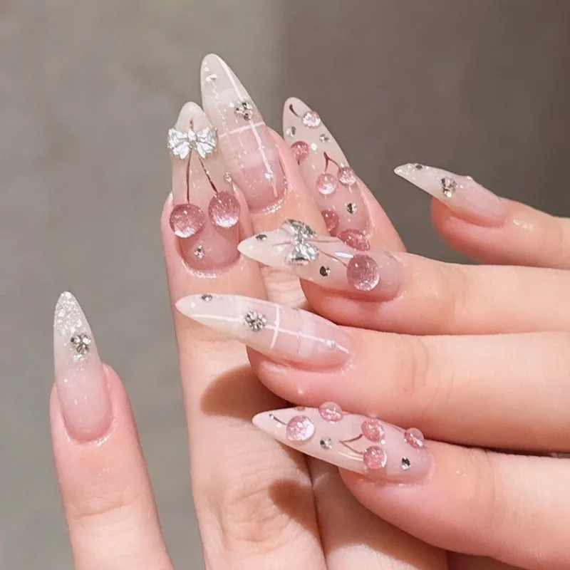 

24PCS Almond Press on Nails 3D Cherry Pink Plaid Simple French Fake Nails for Women Girls Sweet Bow Rhinestone False Nails Tips