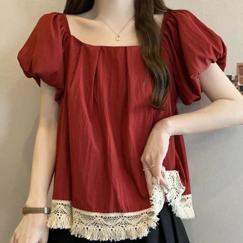 

Женская свободная блузка с кружевными вставками и рукавами-фонариками, летняя новинка 2026 года, универсальный шикарный топ