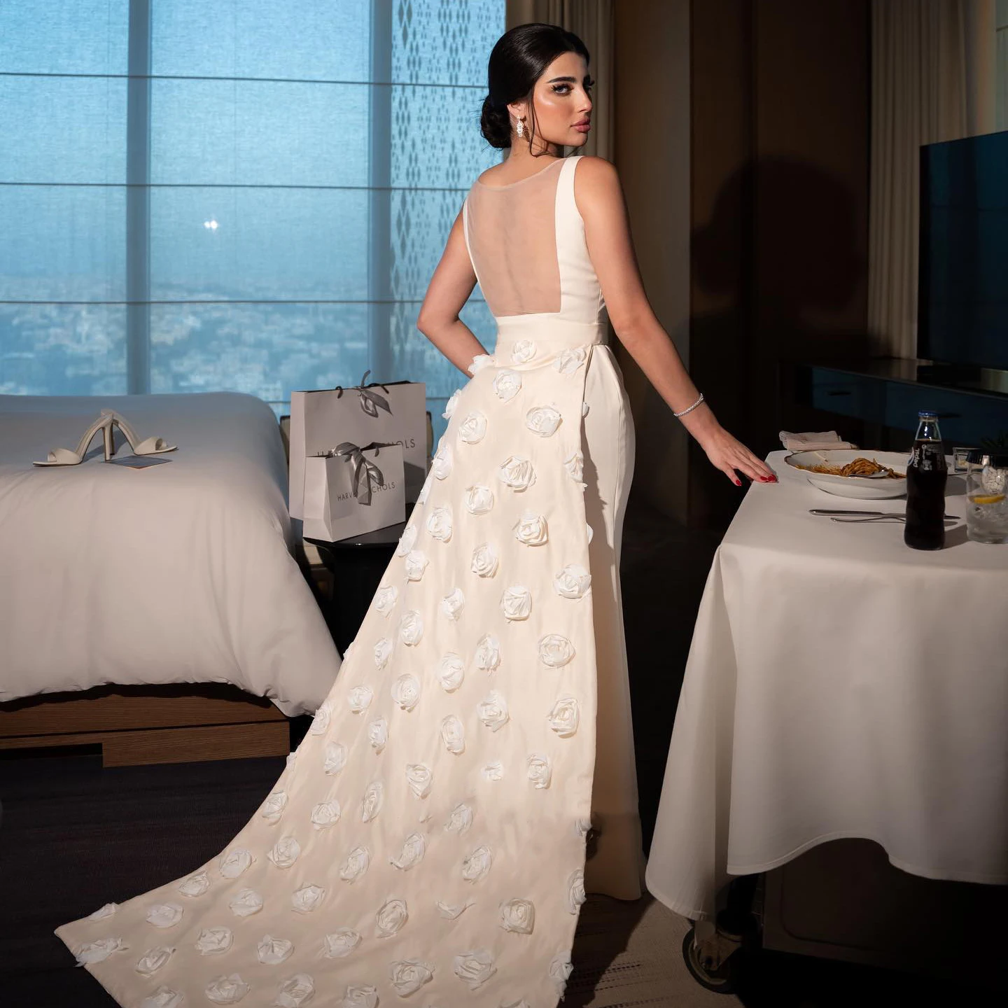 

Sharon Said 3D Flowers White Backless Dubai Evening Dress with Overskirt Boat Neck for Women Wedding Dress Gown SF494 Customized