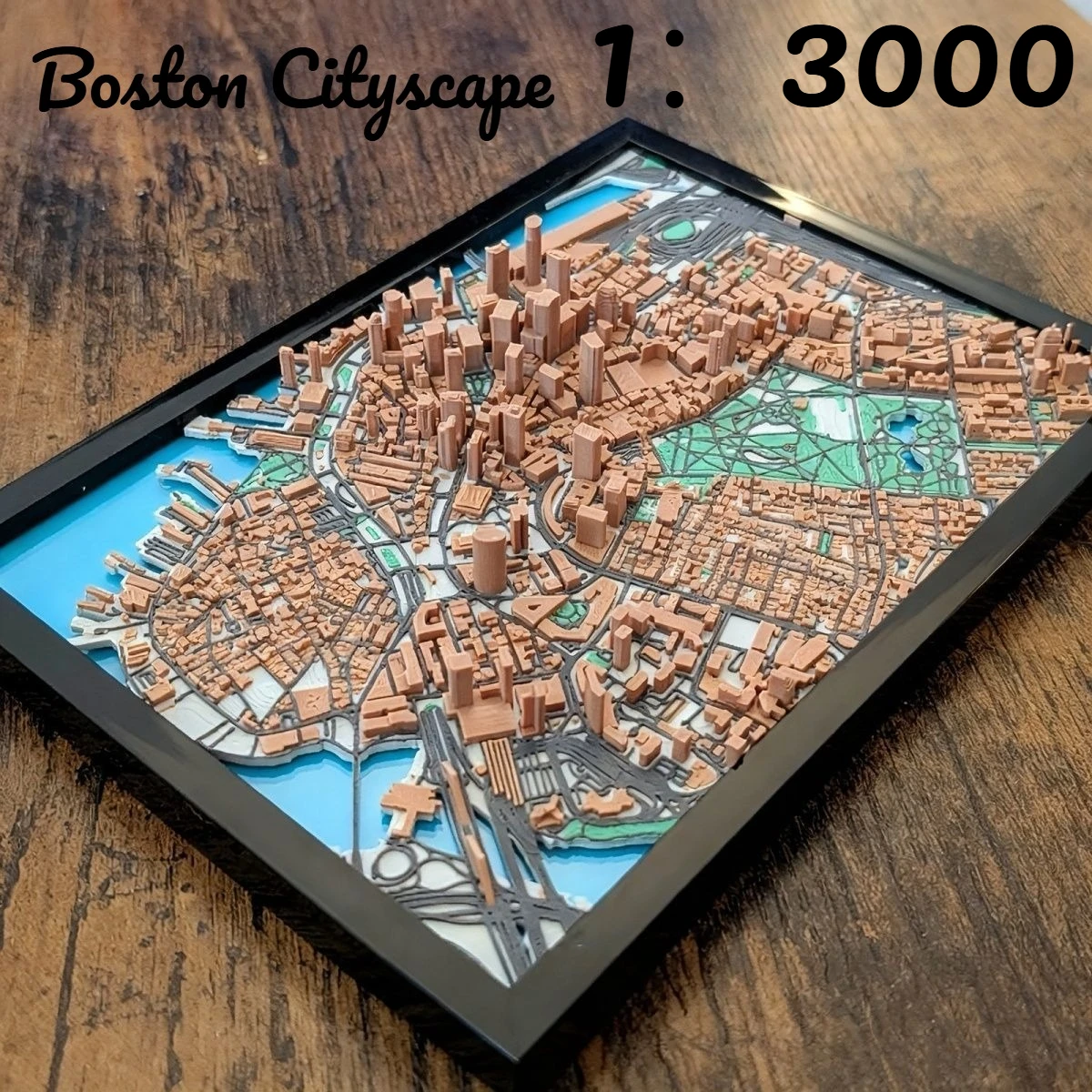 

Modern Urban Sculpture: 3D Printed 1:3000 Boston Skyline, A Striking Geometric Art Piece for Shelf & Desk Decor