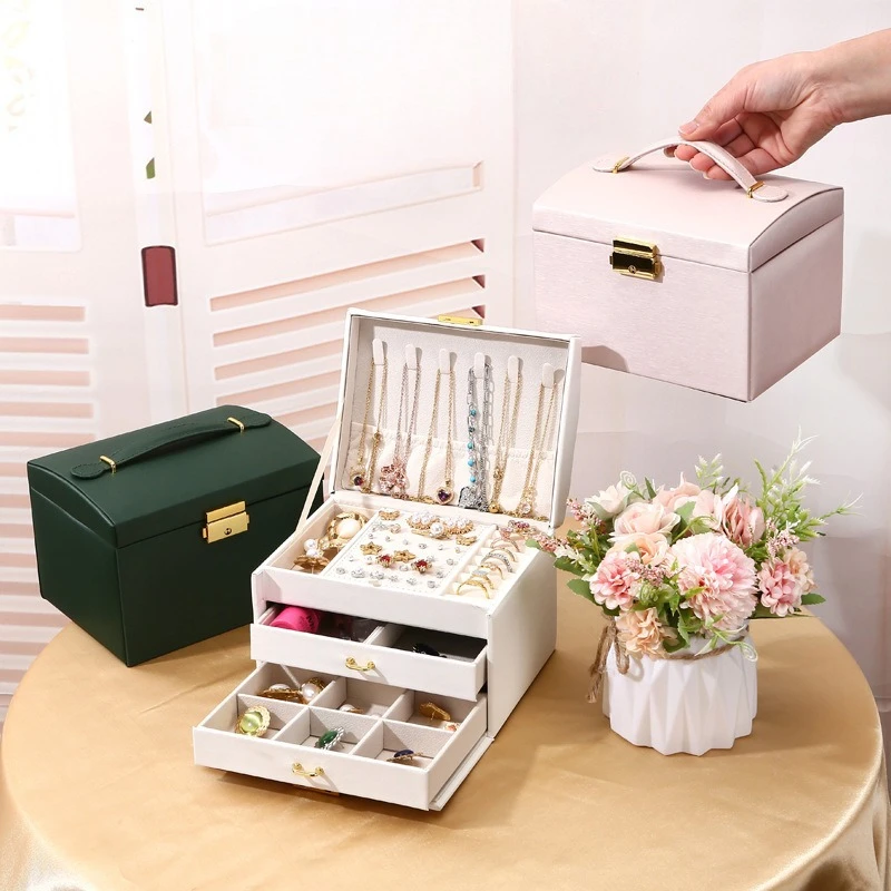 

1pcs Multi Functional Three Layer Leather Drawer Style Jewelry Box Earrings Earrings with Lock Large capacity Jewelry Box