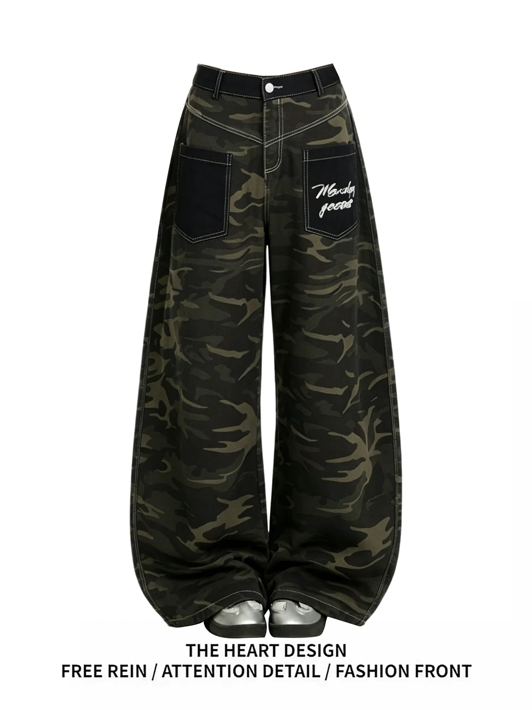 

Retro American Spliced Color Block Camouflage Knife Jeans Casual Jazz Dance Loose Fit Summer New Style High Waist Wide L...
