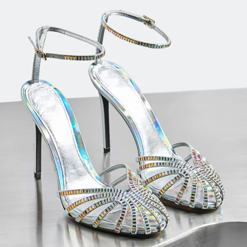 

Crystal Cover The Toe Sandals Sexy Round Toe Thin Heel Slingback Buckle Strap New Arrivals Fashion Women Modern Shoes