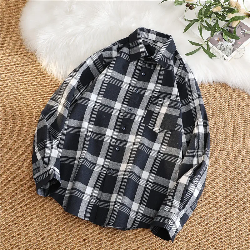 Red Vintage Plaid Shirts Men's Spring Outwear Loose Casual Tops Women's Korean Polo Neck Up Long Sleeve Chemise Homme Streetwear