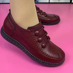 Womens Walking Shoe 2024 Red Spring Leather Shoes Mom Comfort Retro Stitching Flats Wedge Leather Sneakers