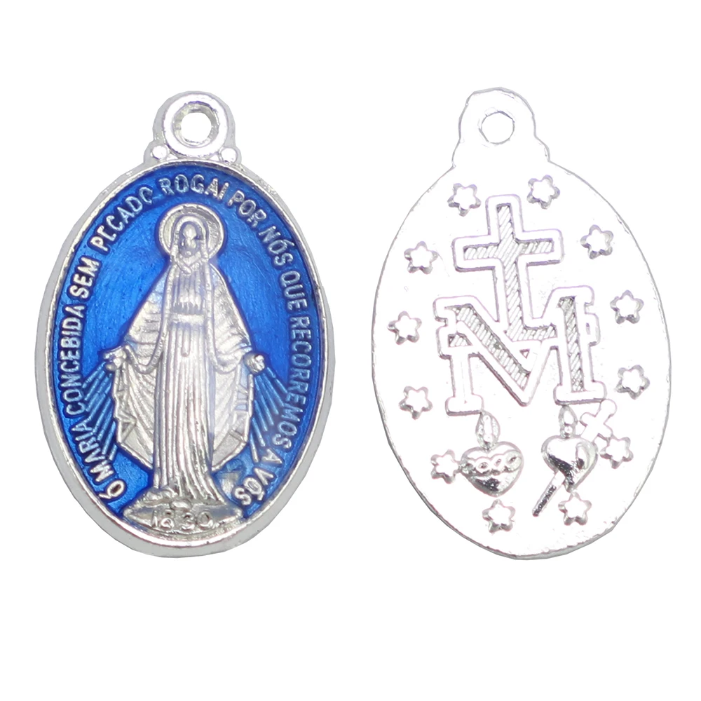 100pcs of Silver Plated Blue Enameled Lady of Miracles Center Miraculous Rosary Charm Pendant