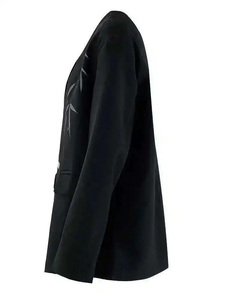 ZMEENNA レディース ブラック 非対称ラップ フロント ブレザー 竹プリント デザイン V ネック シングル ボタン 長袖 カジュアル ZM3288