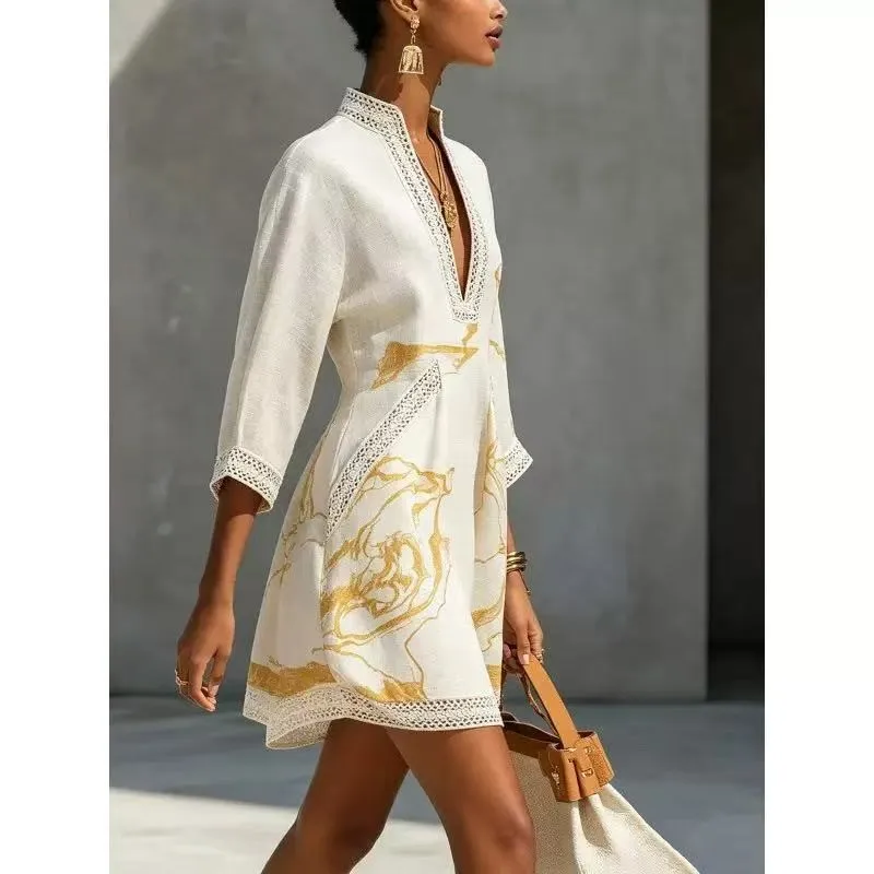 Women Print Mini Dress V Neck Lace Trim 3/4 Batwing Sleeve Loose Beach Pockets Autumn Resort Holiday Casual Dresses For Women