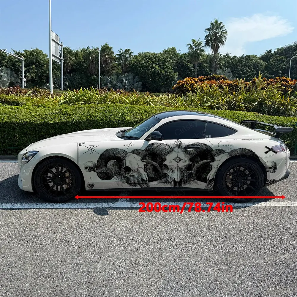 2pcs Horn Ram Skulls Occult Symbols Car Side Wrap, Self-Adhesive PVC Waterproof & Scratch-Resistant Stickers, Car Accessory Gift