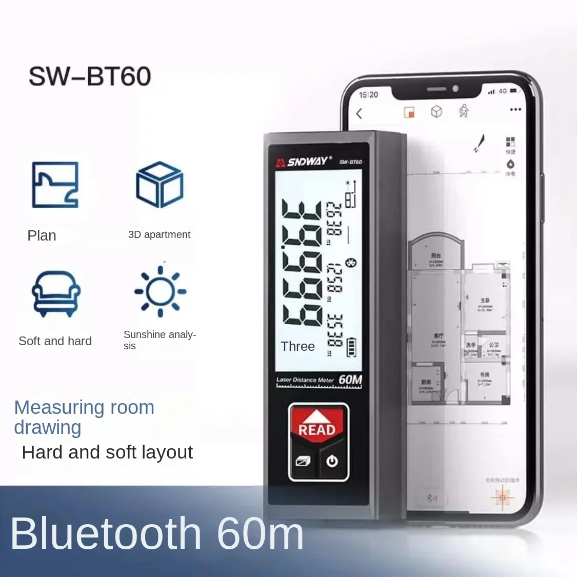 

SNDWAY mini electronic ruler SW-BT40 high-precision Bluetooth laser rangefinder infrared measuring ruler 40 50 60 APP BT