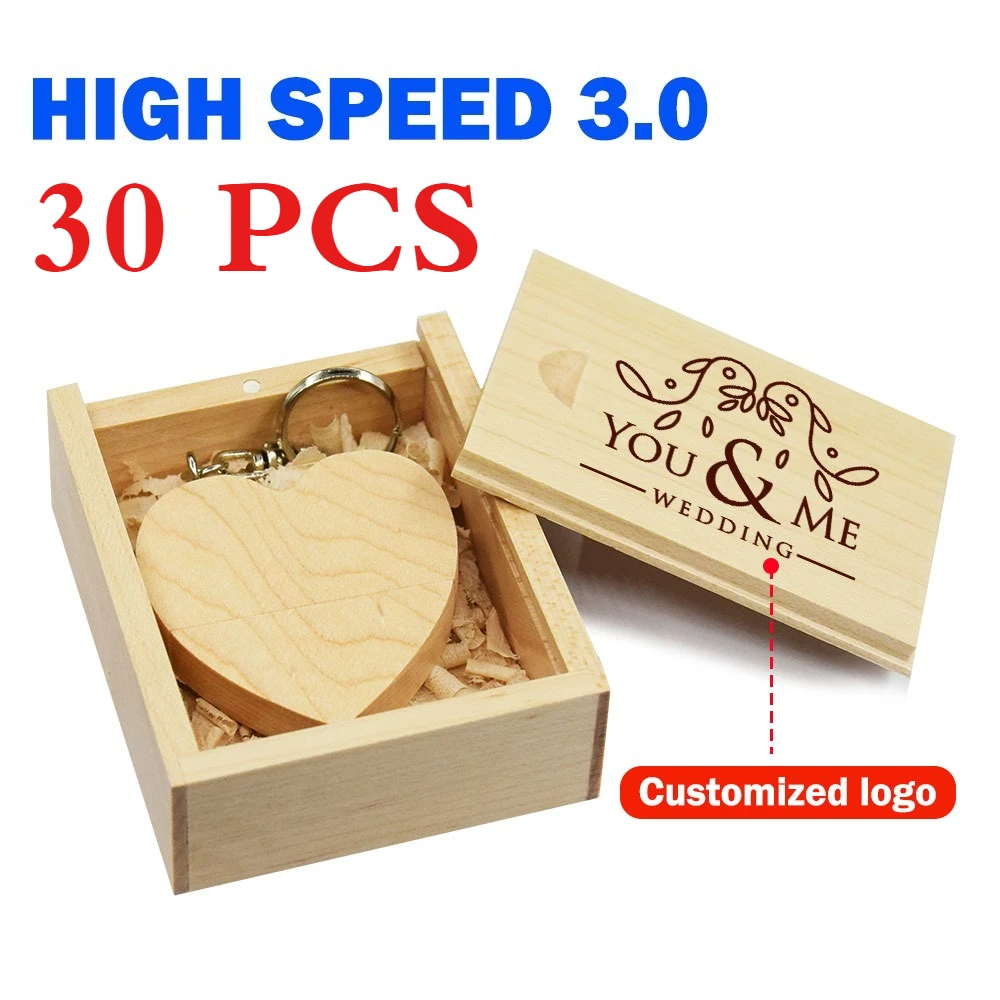 30 pcsHeart Huwelijksgeschenken USB Flash Drive Houten Pen Drive Real Capaciteit Memory Stick 64 GB/4 GB U Disk Het Geschenk van Herinneringen