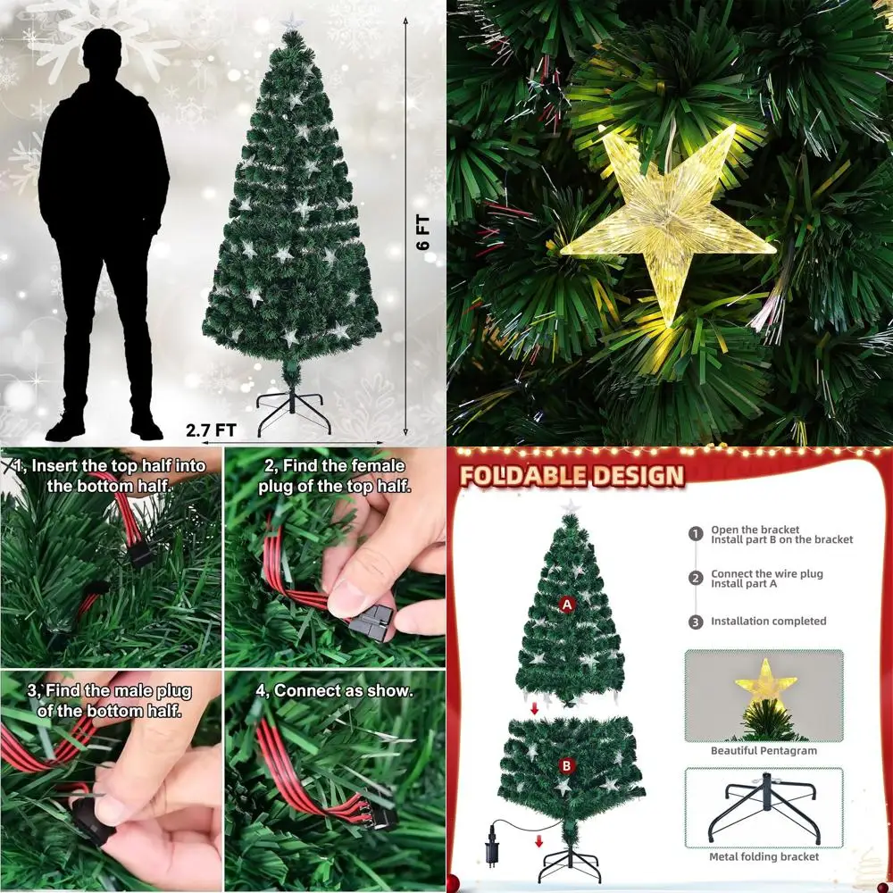 

6ft Illuminated Artificial Christmas Tree with Color-Changing Fiber Optic Lights and Warm White Stars