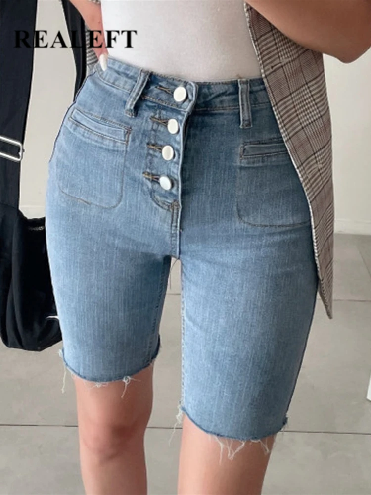 

REALEFT 2022 New Summer Washed Women's Denim Half Pants Single Breasted Casual Female Pencil Skinny Jeans Trouses Korean Style