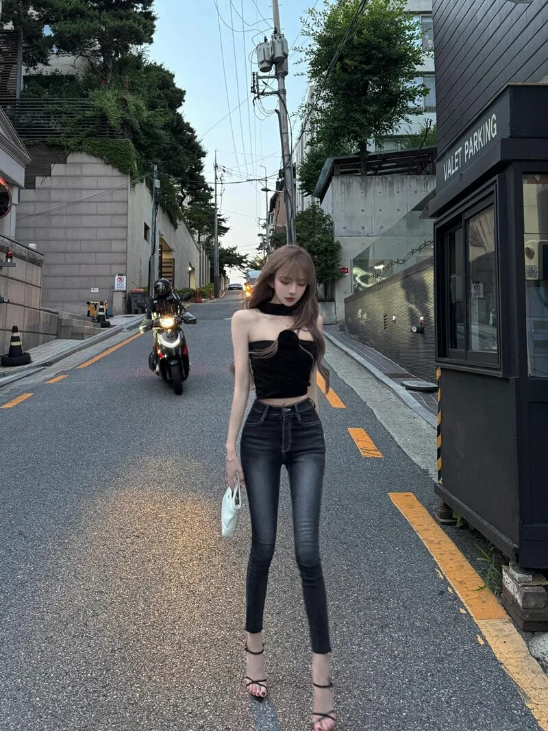 

New Guse High Waist Slim Fit Elastic Jeans Capri Pants Bleached Waed out Korean Sle Cotton Stretch Denim Women's Faion