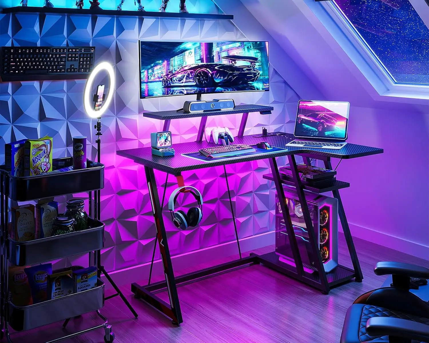 Small Gaming Desk with LED Lights & Power Outlets, 39 Inch L Shaped Gaming Computer Desk with Storage Shelf, Gamer Desk