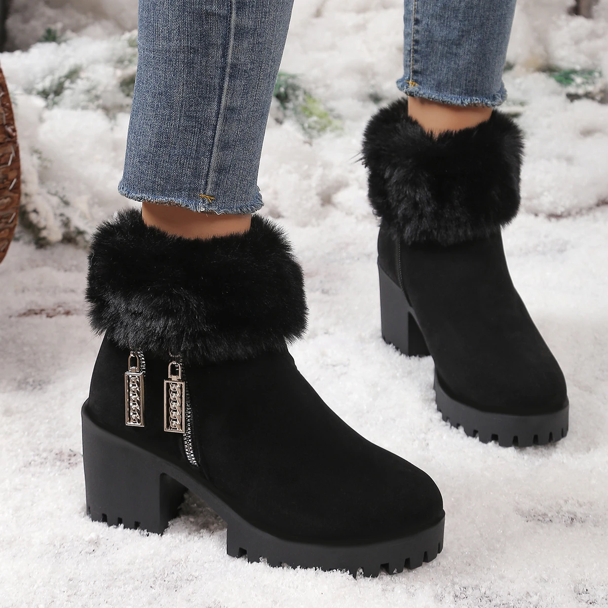 

Suede Women Boots Winter Designer High Heels Shoes for Women New Short Plush High Platform Ankle Boots Elegant Botas Mujer