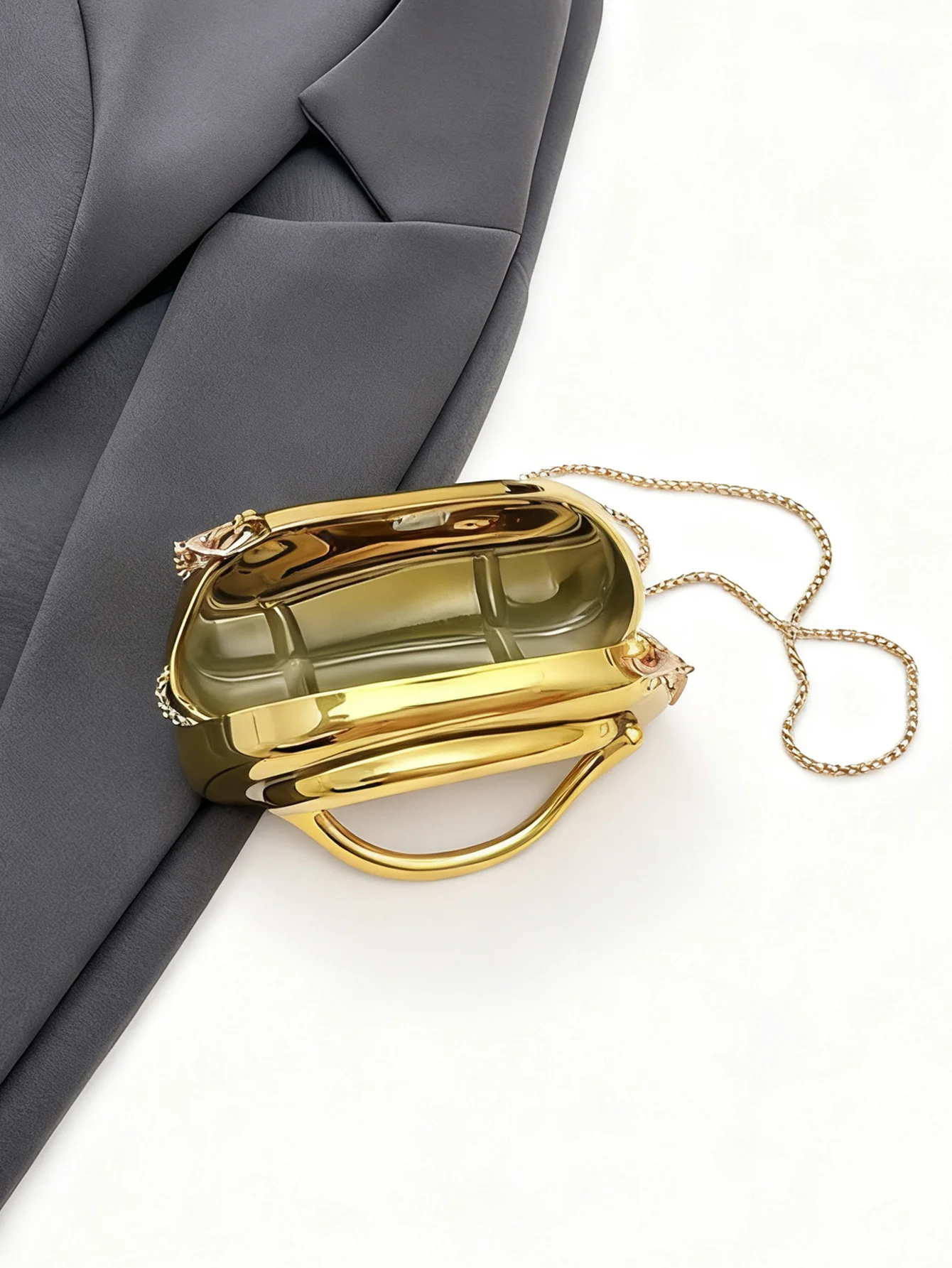 Mini-Version Modische Goldene Metallverschluss-Clutch-Tasche in Boxform für Damen, Abend-, Hochzeits-, Party-Ketten-Umhängetasche, Schultertasche – Detail 18