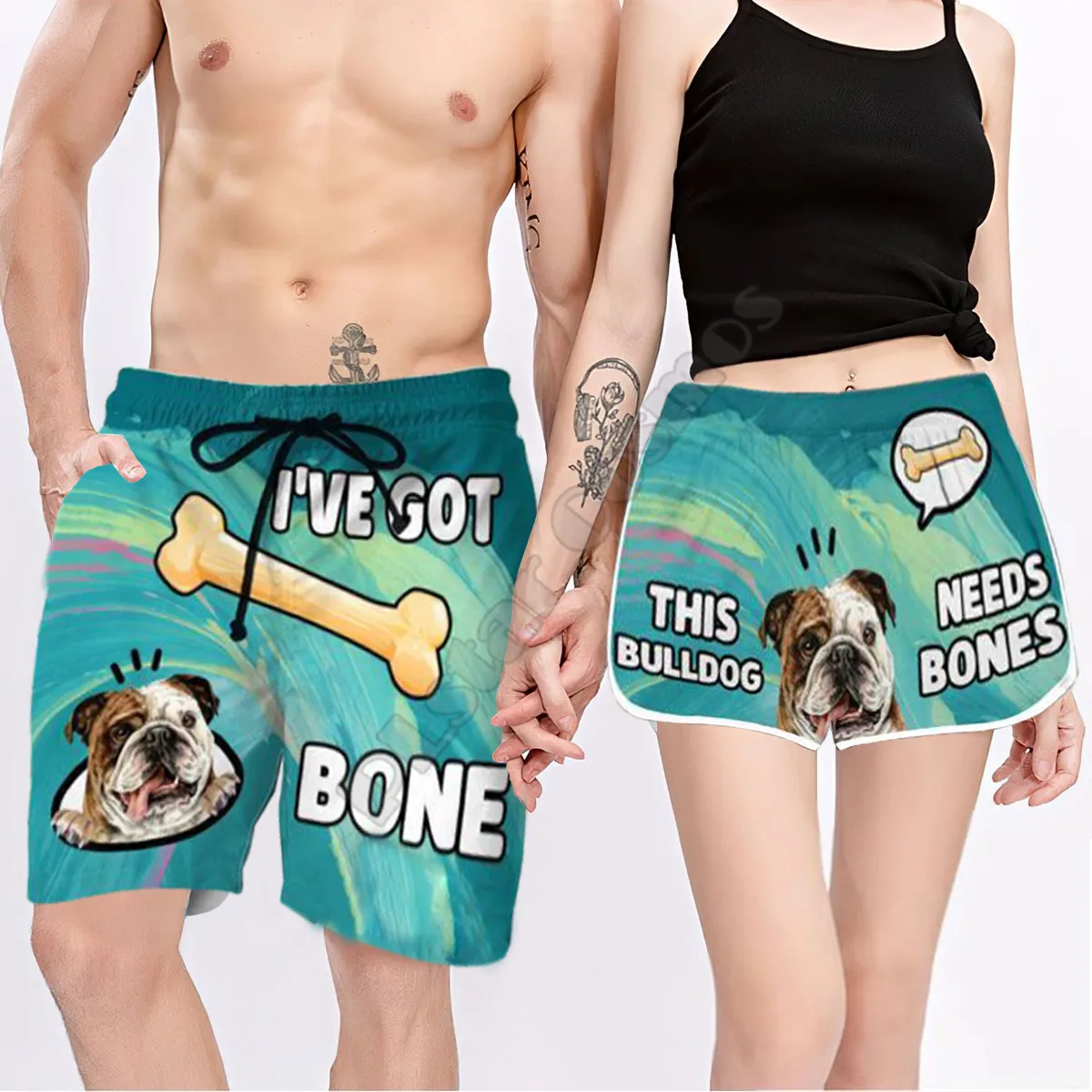 

Couple Matching I’ve Got Bone This Bulldog Needs Bones Printed 3D Elastic Waist Summer Quick Dry Beach Shorts Swimming Trunks