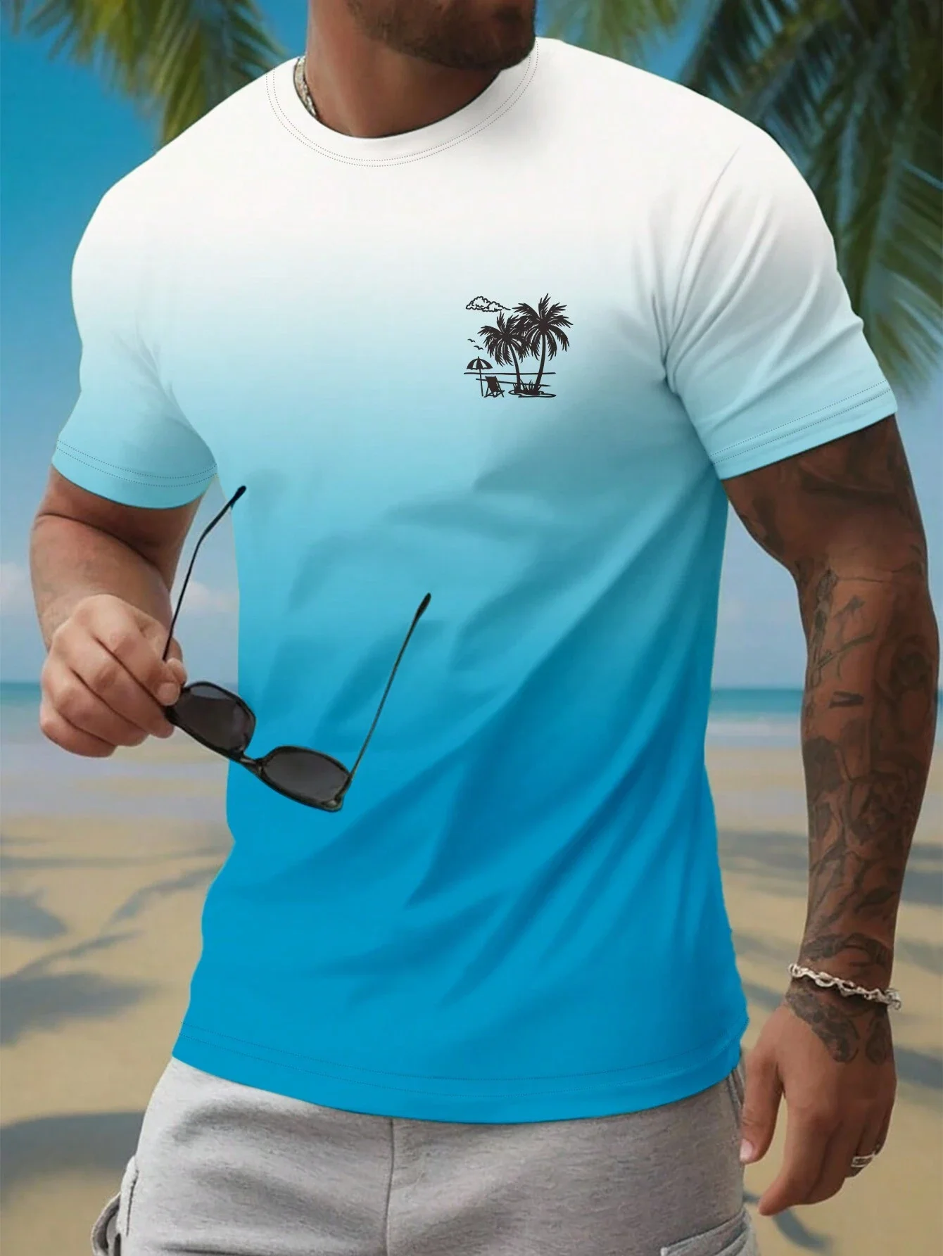 

Men's T-shirt 3D gradient print short-sleeve T-shirt daily wear Hawaiian palm tree print fashion casual polyester Men's Clothes