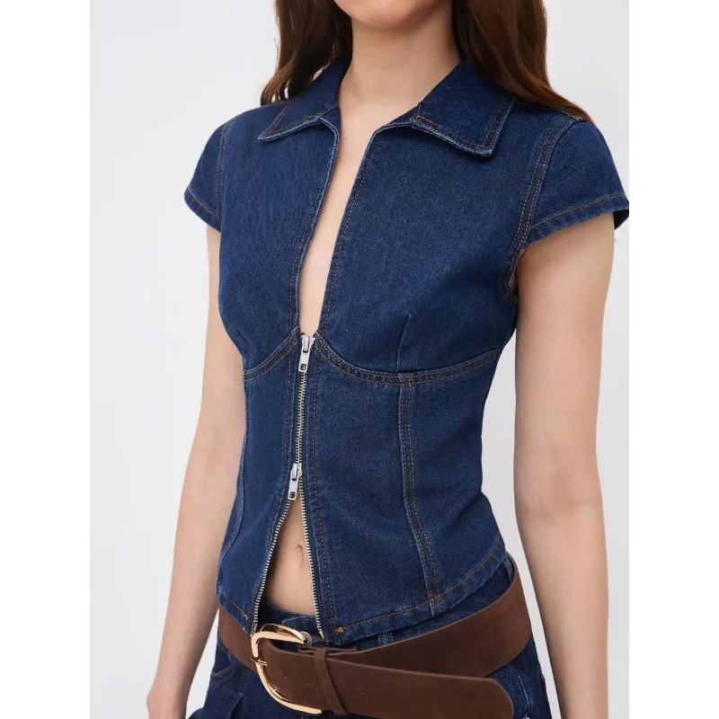 Summer New Slim Denim Short-sleeve Double-zip Top Design Vest Women Denim Jacket Tank Top Waistcoat Cowboy Vests Blue Streetwear