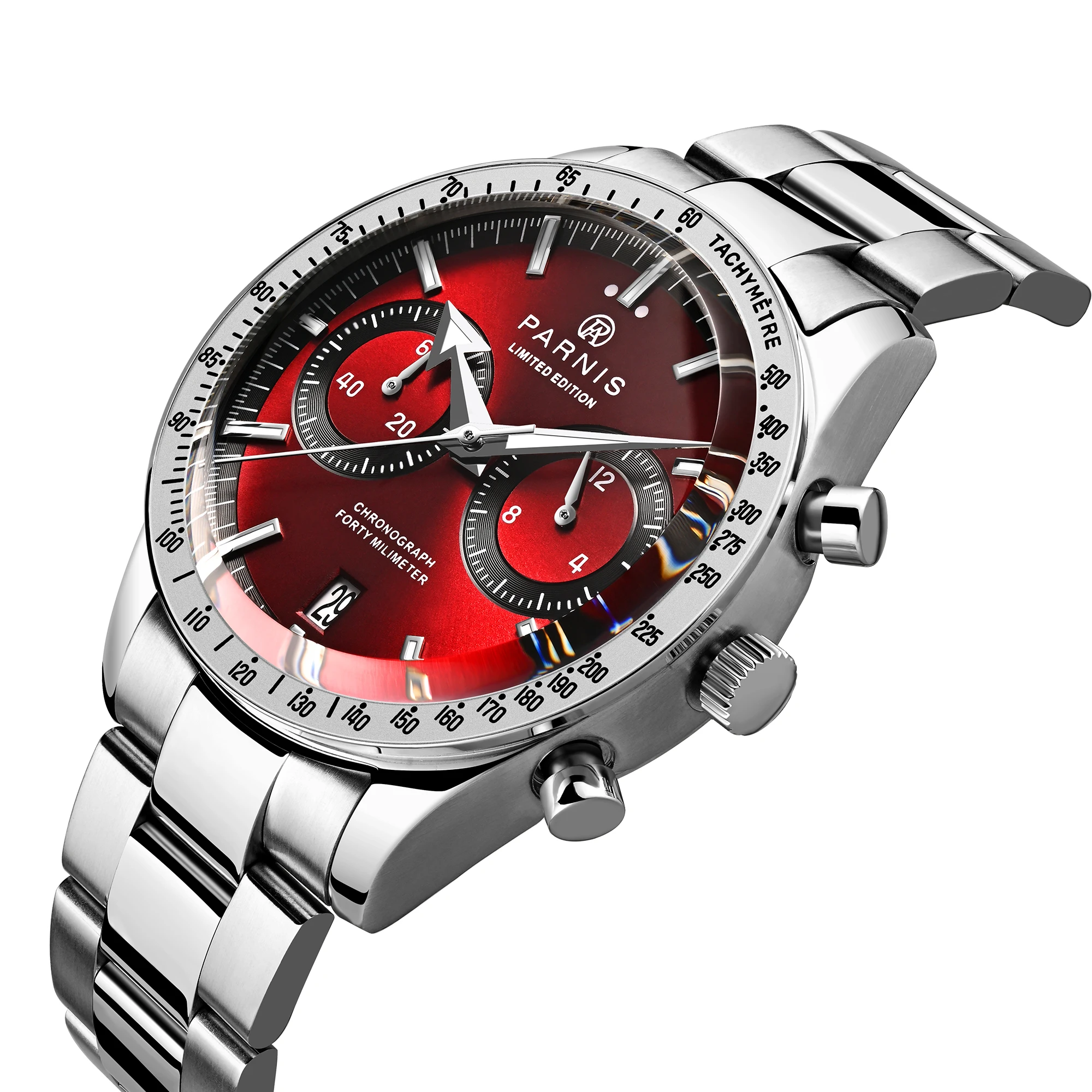 

New Arrival Parnis 40mm Red Dial Quartz Chronograph Men's Watch Calendar Stainless Steel Waterproof Luxury Watches reloj hombre
