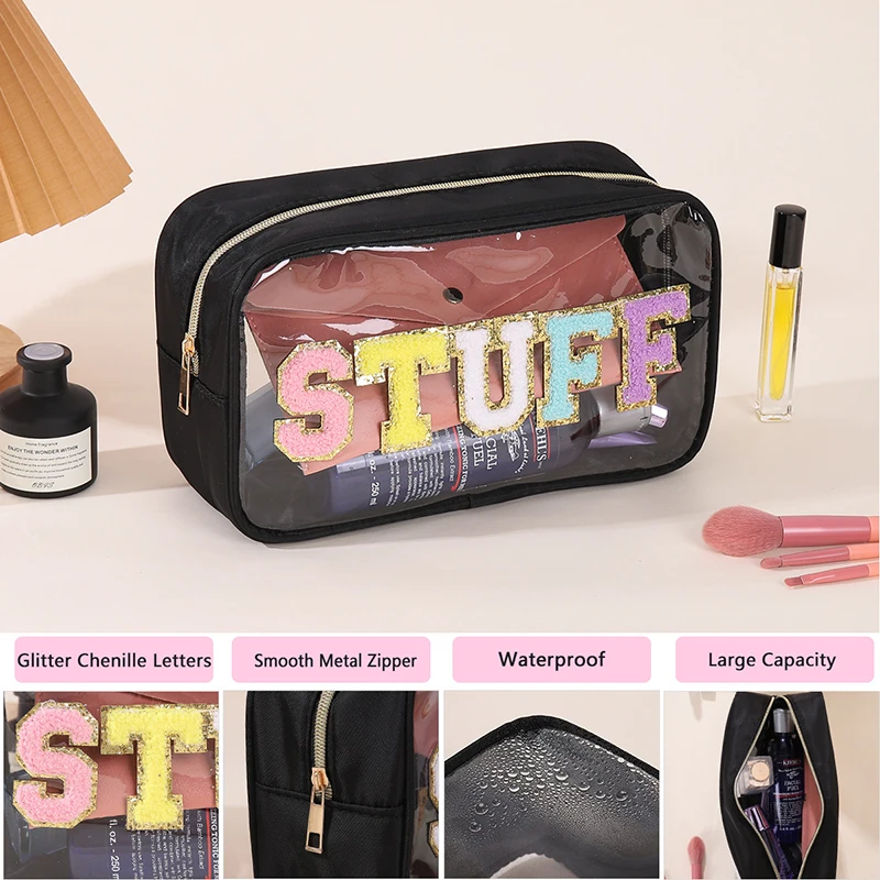 PVC Embroidered Letter Transparent Bag Makeup Bag Wash Bag Waterproof Large Capacity Cosmetic Storage Bag Clear Bag