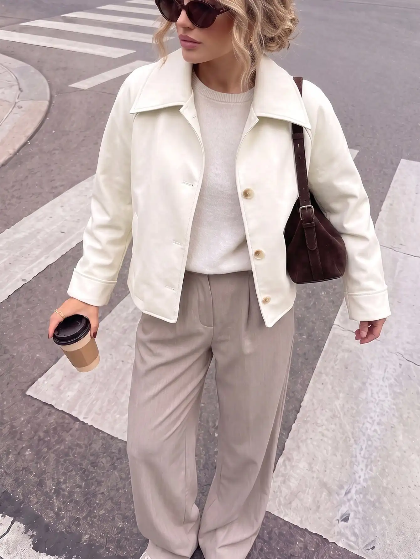Stylish, white, matte-finished faux PU leather jacket, perfect for casual wear in autumn and winter, and versatile for any occas