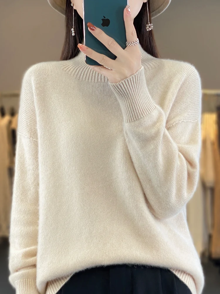 100% Merino Wool Women Loose Sweater Mock-neck Pullover Autumn Winter Thick Long Sleeve Cashmere Knitted Clothes Korean Fashion