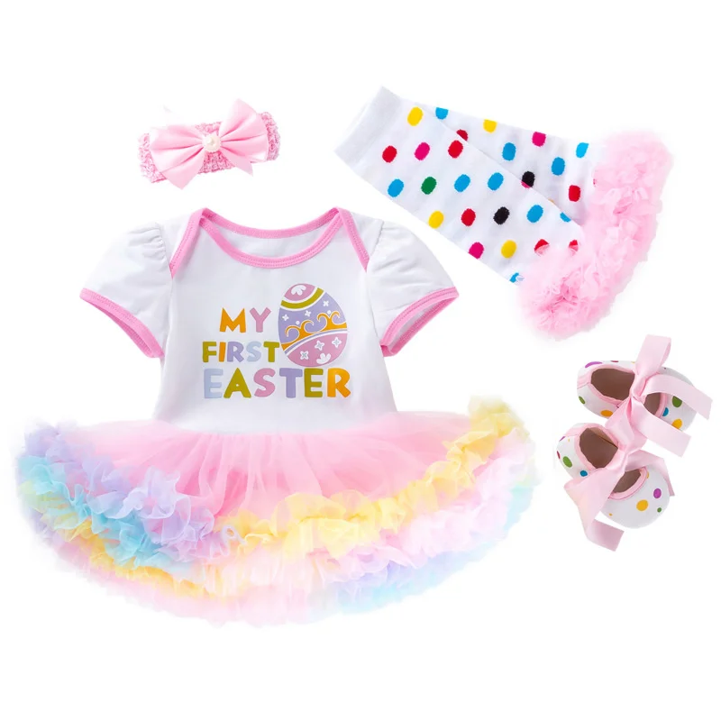 

Baby Girls Easter Clothes Set New Princess My First Easter Girls Party Clothes Dress+Headband+Sock+Shoes 4Pcs Kids Costume