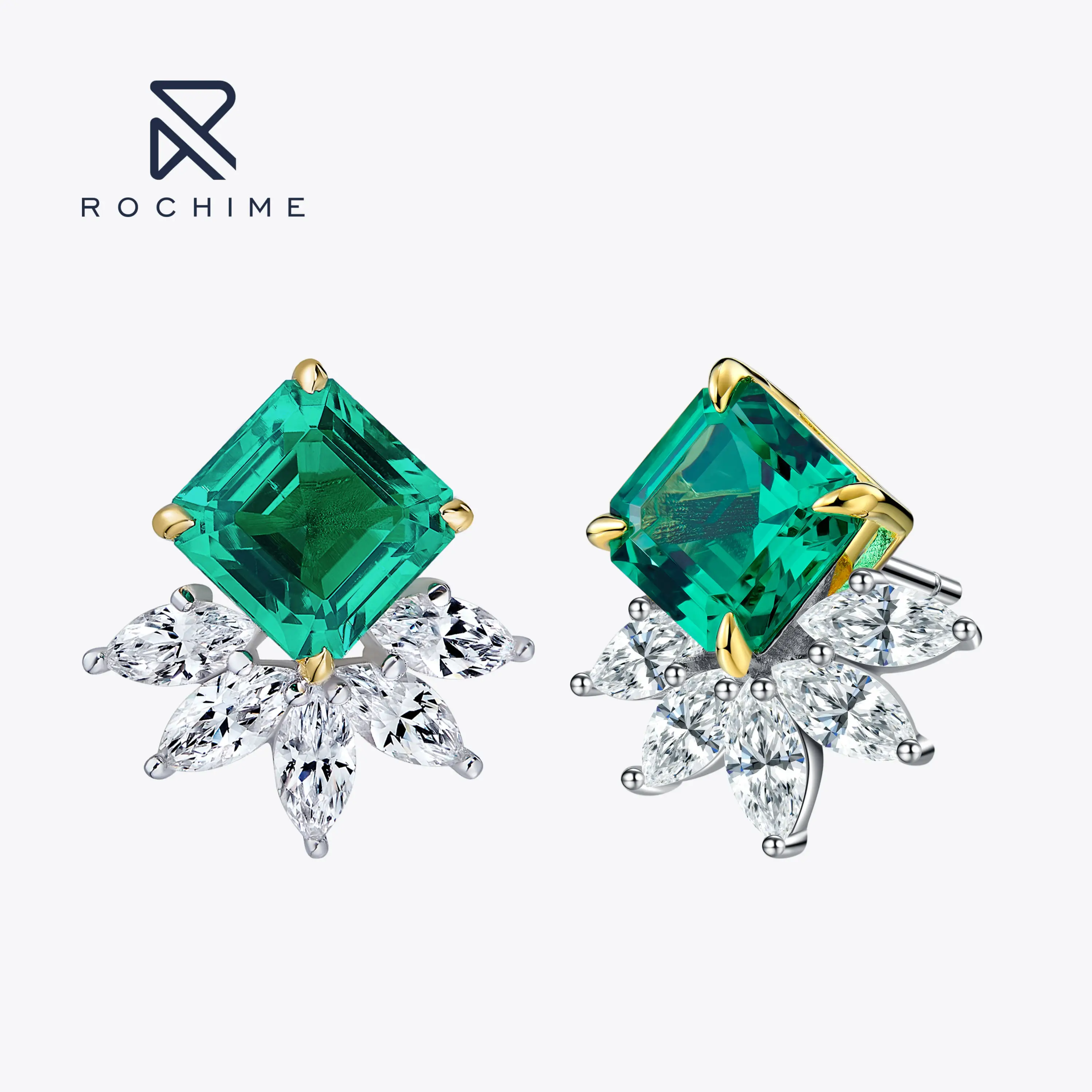 Rochime Luxury Fashion Jewelry Marquise Cut Lab Grown Emerald Stud Earrings 925 Sterling Silver Gold Plated Women Fine Jewelry