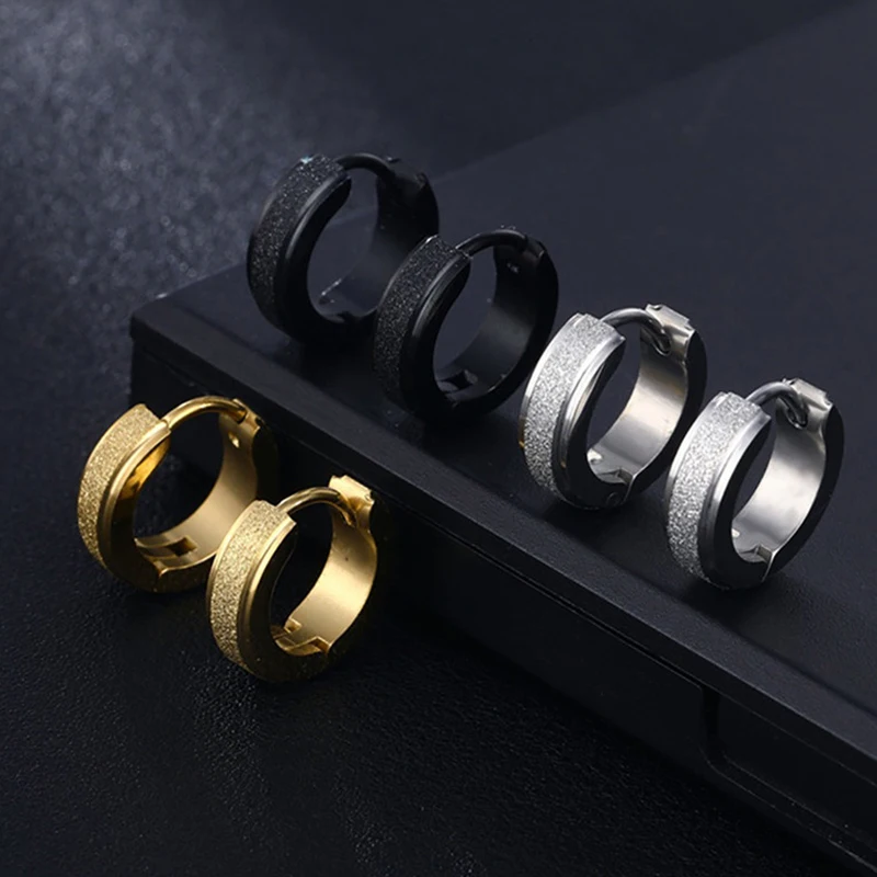 2pc Wide Frosting Stainless Steel Hoop Earrings Black Round Earring For Women Men Punk Vintage Circle Earring Jewelry Statement