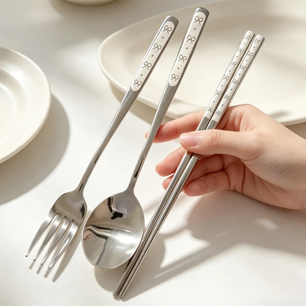 304 Stainless Steel Butterfly Bow Portable Tableware Set for Students Office Workers Cafeteria Household Spoons Forks Chopsticks