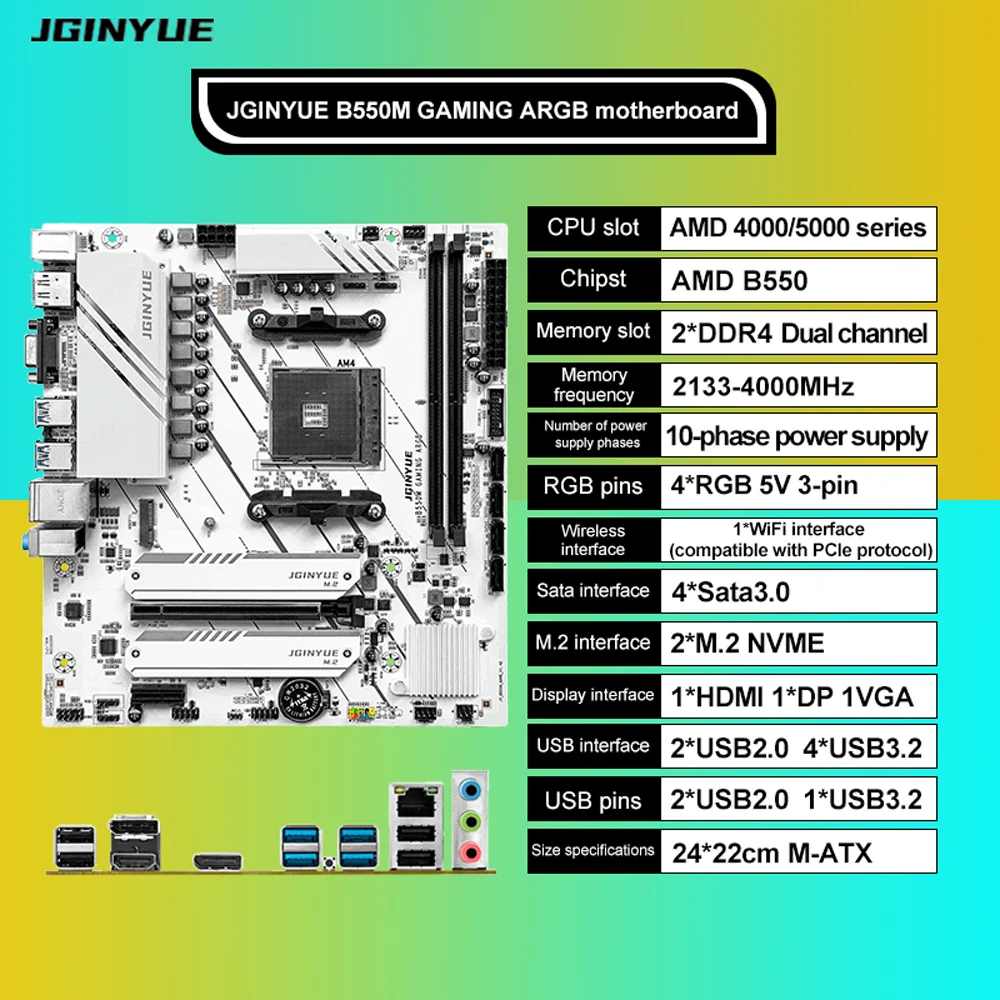 JGINYUE B550M GAMING ARGB AM4 Micro-ATX Desktop Motherboard Support ARGB AMD B550