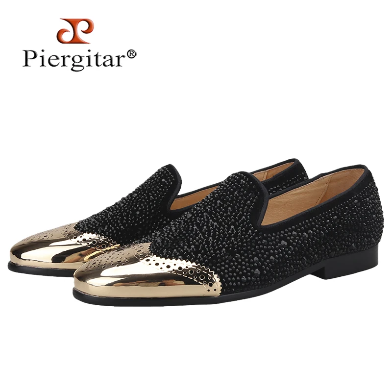 Piergitar Modern Luxury Baroque Style Men Slip-On Shoes Handmade Rhinestones Splicing Front Gold Metal Toe Black Suede Loafers