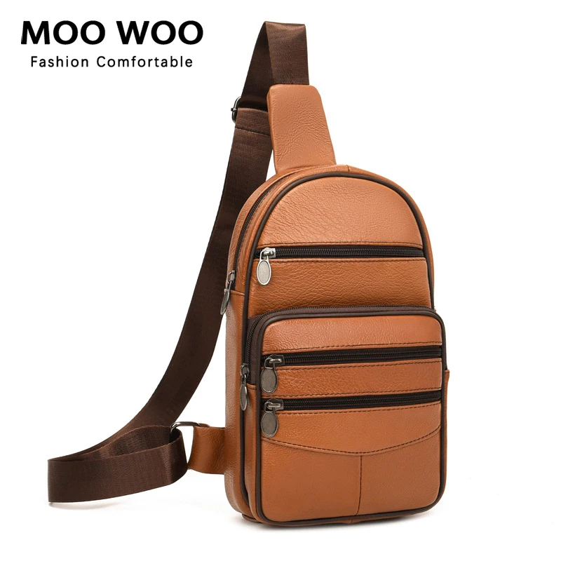 

MOOWOO Genuine Leather Chest Bag For Man Fashion Messenger Bag USB Charging Crossbody Bag Man Casunl Chest Pack Sling Bags