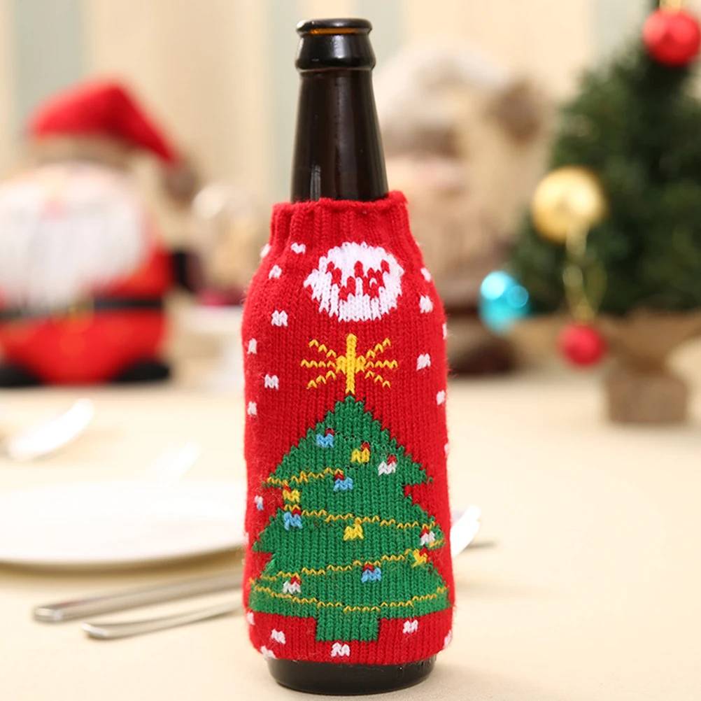 

4pcs Christmas Wine Bottle Cover Knitting Bag For Beer Decor Party Wine Cover Holiday Gift Pouch Snowflake Tree Elk Design